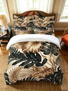 3pcs Black Gold Tropical Palm Leaf Pattern Duvet Cover Set (1*Duvet Cover + 2*Pillowcase, Without Core), Modern Minimalist Aesthetic, Luxury Vintage Monstera Fern Jungle Botanical Bedding Sleek Contemporary Bedding, Room Decor For Bedroom, Apartment - Multicolor - View 10