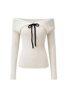 Korean Style Square Neck Faux Fur Collar Long Sleeve Knit Sweater Women Spring Slimming Fitted Base Layer Top - White - View 6