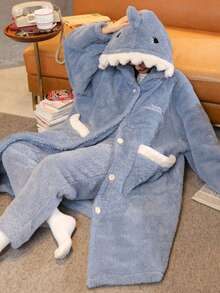 Women's Comfortable Shark Theme Coral Fleece Robe - Cute, Thick, Warm Winter Loungewear With Pockets, Soft Flannel Fabric, Essential For Halloween And Christmas, Can Be Used As Robe, Warm And Cold-Proof - Multicolor - View 18