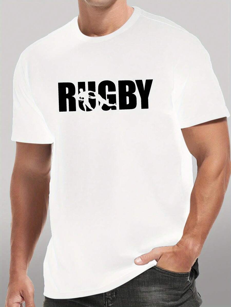 New Men's Pure Cotton Casual Sports T-Shirt With Rugby Print, Round Neck And Short Sleeves, Simple Style. - 白色 - 查看 1