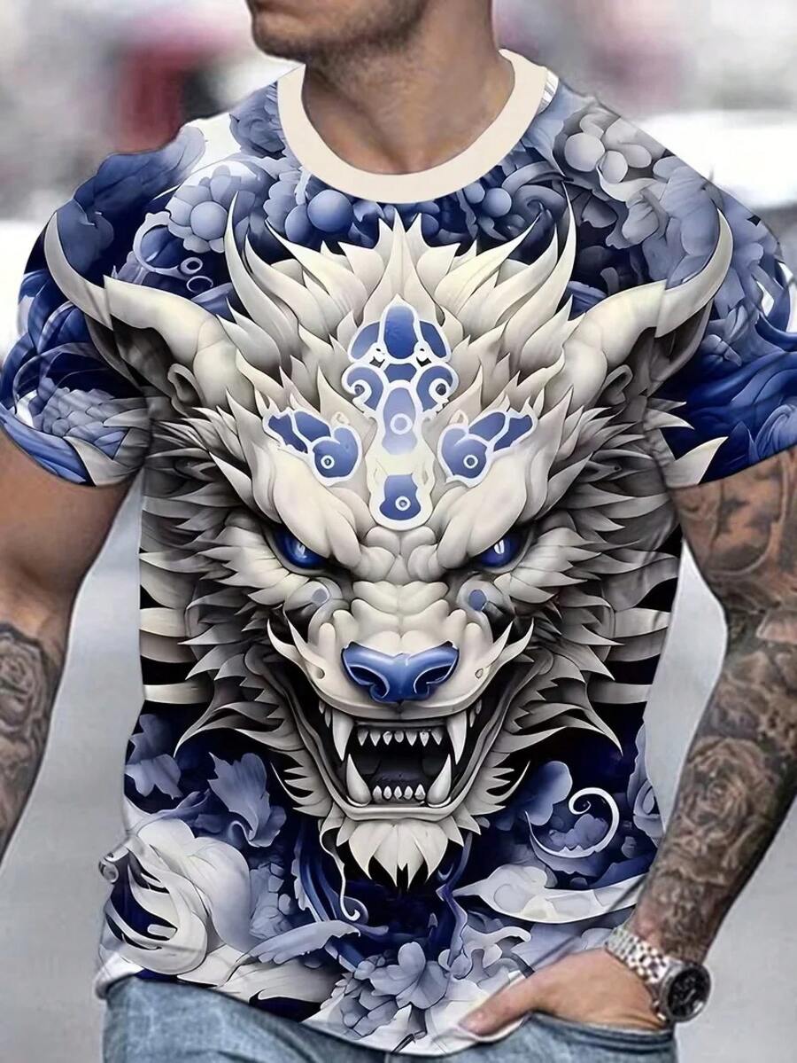 Men's Short-Sleeved T-Shirt, Size, With 3D Digital Dragon Print, Round Neck, Loose Fit, Casual, For Summer. - 黑色 - 查看 1