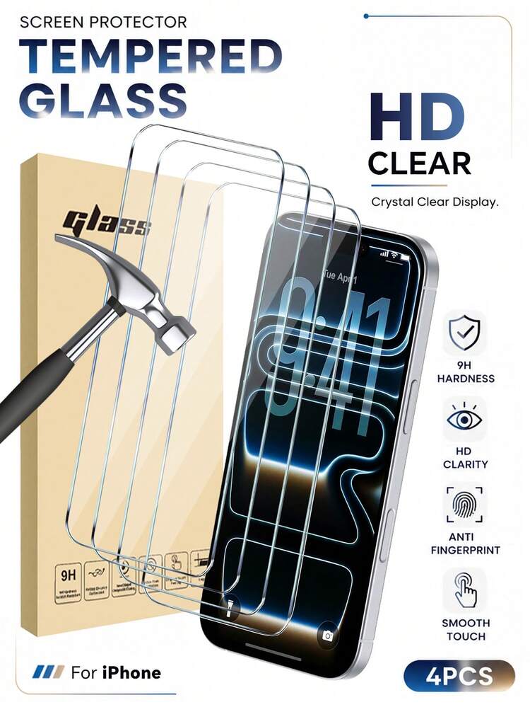 4入組強化玻璃螢幕保護貼，適用 17 Pro Max/17/17 Pro/16/14/11/12/13/15 Pro Max/Mini、XS Max/X/XR/7/8 Plus/SE，防水防震防摔防刮防指紋，全螢幕覆蓋，手機配件，可搭配手機殼使用 - 無色 - 查看 12