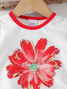 2pcs/Set Baby Girls' Nature-Inspired Floral Print Contrast Color Round Neck Short Sleeve T-Shirt And Matching Plaid Straight Pants Set, Summer - Red and White - View 4