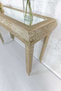 DOWNTON INTERIORS UK NEXT DAY SHIPPING Gold Embossed Metal Glass Moroccan Style Console Table - Gold - View 3