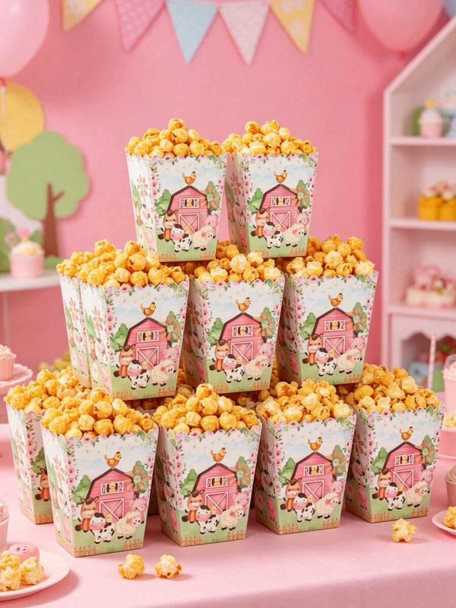 6个粉色农场动物造型纸质爆米花盒/食品容器，适用于粉色农场动物主题生日派对装饰、薯条盒、爆米花桶，是电影之夜、返校季和情人节活动的理想之选。 - 彩色 - 查看 1