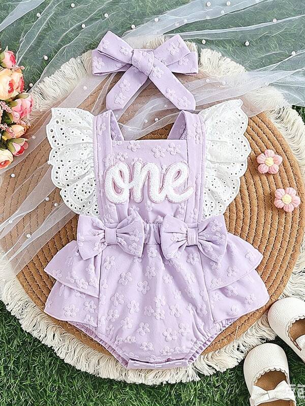 Baby Girl 2pcs Set Casual Cute Floral Pattern Letter Embroidery Ruffle Bow Decor Romper And Headband, Suitable For Daily Wear And Party Outfits
