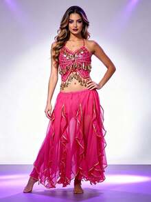 Professional Belly Dance Embroidered Coin Fringe Halter Crop Top, Elastic Waist Gold Trim Chiffon Skirt For Dance Training, Shows And Competitions - Multicolor - View 16