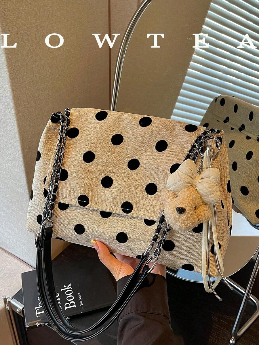 low tea 1件配色波點女款時尚肩背包，方形設計，頂部手柄，翻蓋開合，可作為肩背包或斜挎包使用，適合旅行、購物、約會，女性禮物，完美適用於通勤、戶外、旅行、出遊（附贈吊飾）