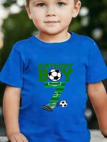 Boy's Number 7 Birthday Party T-Shirt, Featuring A "Birthday Boy" Print In Green Lettering, A Casual Short-Sleeved Sporty Style With Stadium Numbers And A Soccer Ball Design. - Biru - View 2