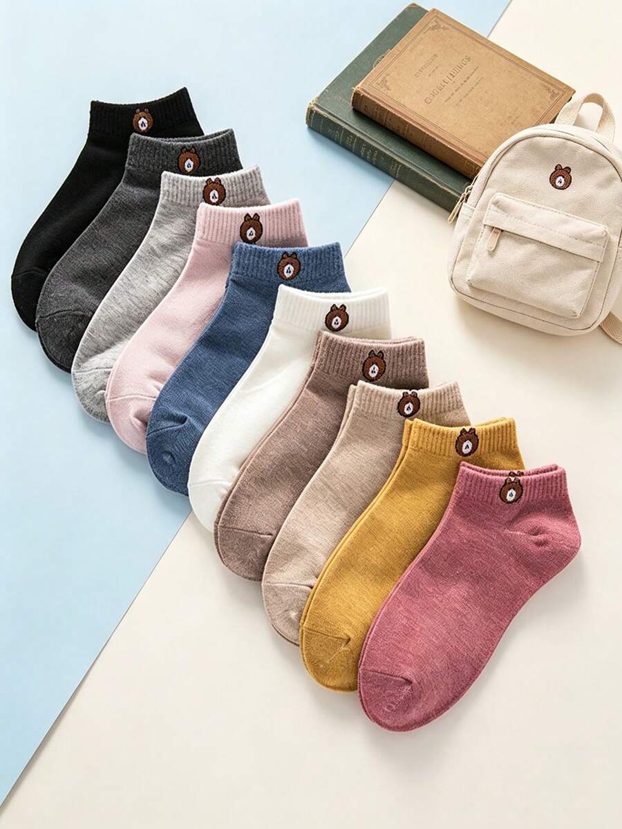 10pairs/Set Random Cute Bear Design Women's Low Cut Socks, Thin Section, Suitable For Daily Wear, Fashion And Leisure - Multicolor - View 1