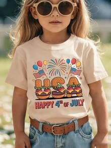 Girls' Short-Sleeved T-Shirt From The 'American Independence Day' Collection With Cartoon Prints Such As 'HAPPY 4TH OF JULY', Hamburger, United States, American Flag - 卡其色 - 查看 1