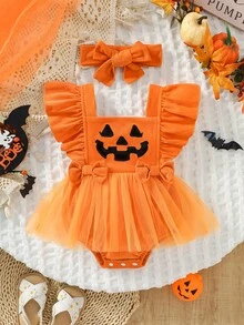 0-18M Baby Girl Autumn Halloween Pumpkin Smiling Face Patchwork Flutter Sleeve Mesh Tutu Dress & Bow Headband 2pcs Set Infant Romper - Multicolor - View 1