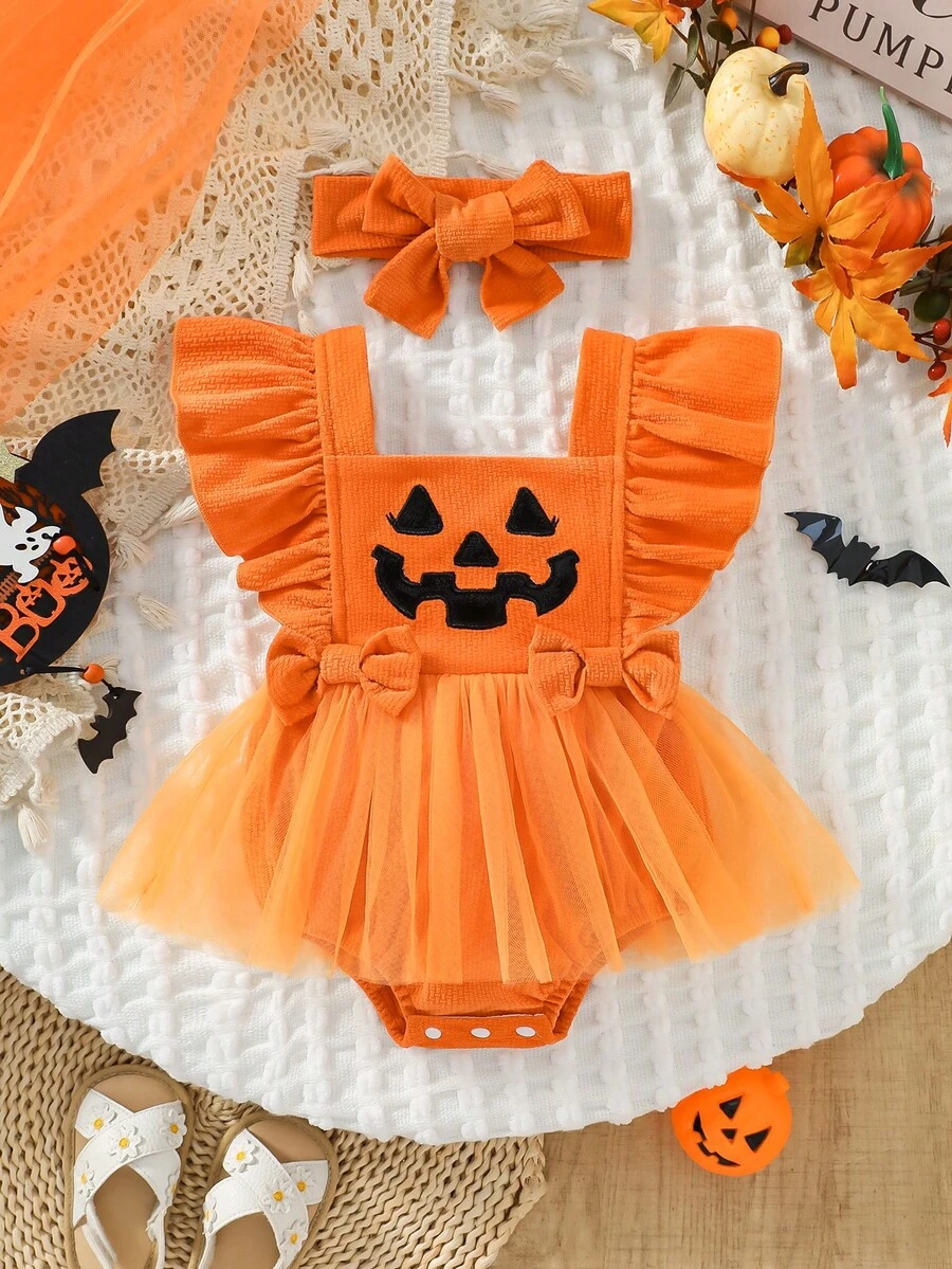 0-18M Baby Girl Autumn Halloween Pumpkin Smiling Face Patchwork Flutter Sleeve Mesh Tutu Dress & Bow Headband 2pcs Set Infant Romper - Multicolor - View 1