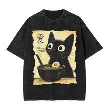 Camiseta de ramen japonés con diseño de gato para hombre y mujer, divertida camiseta con gráfico de gato negro comiendo fideos, top vintage lavado para verano. - Negro - Ver 7