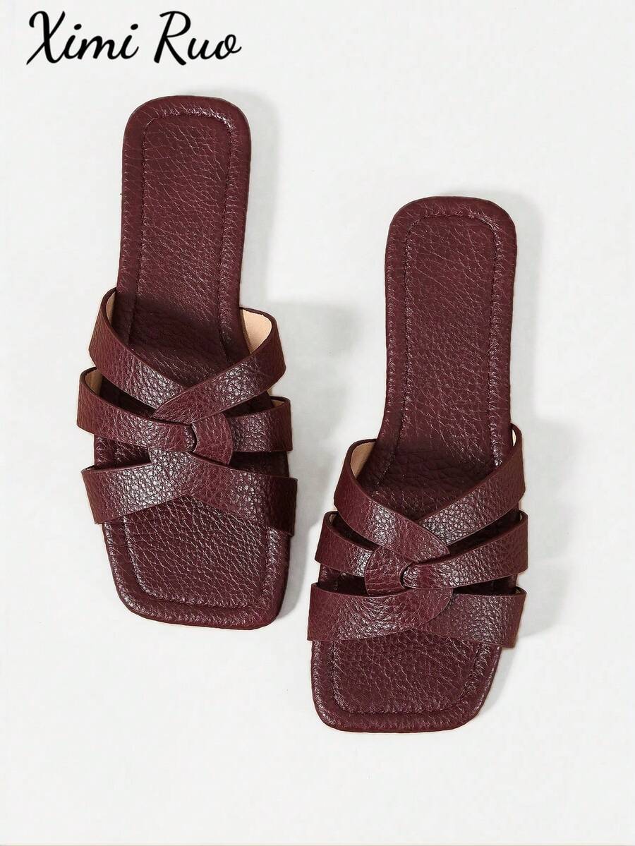 Ximi Ruo New Spring/Summer Fashion Casual Strap Slide Sandals, Comfortable Flat Heel Round Toe Slip-On Beach Slippers, Versatile Decorative Flat Sandals For Summer - Red - View 1