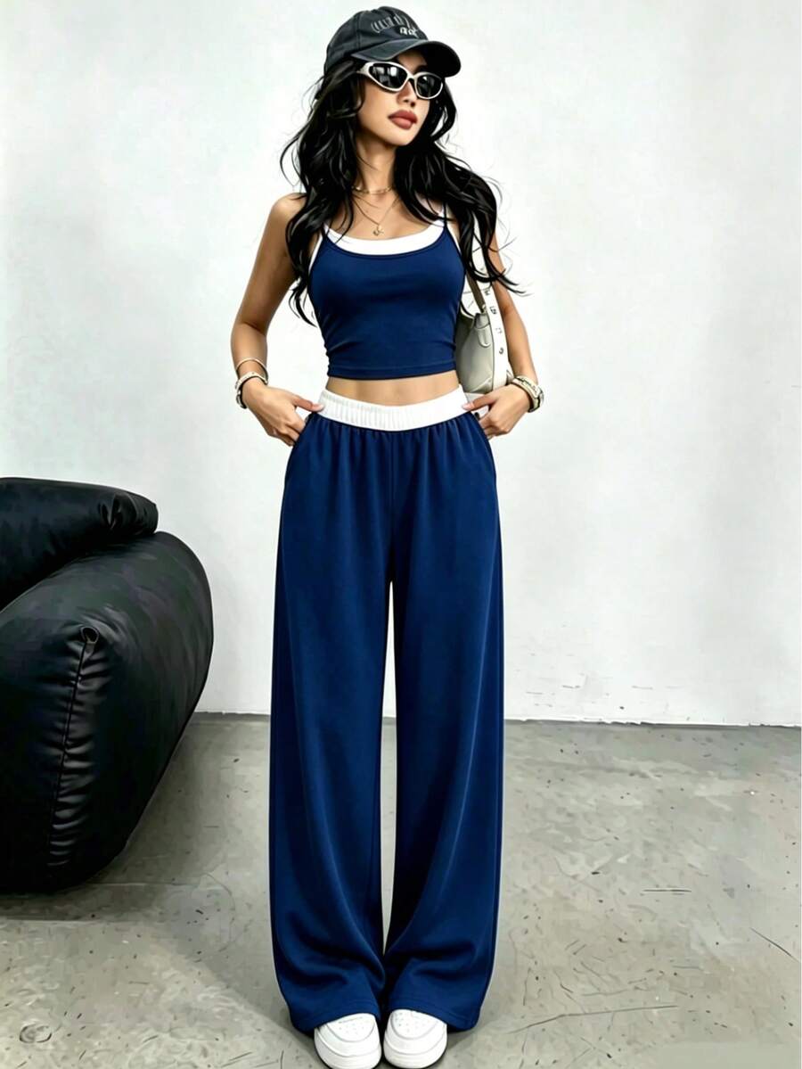 Teenager INS Style American Cami Tank Top Set, Round Neck Tank Top Paired With Wide Leg Pants 2 Pieces Set - Blue - View 1