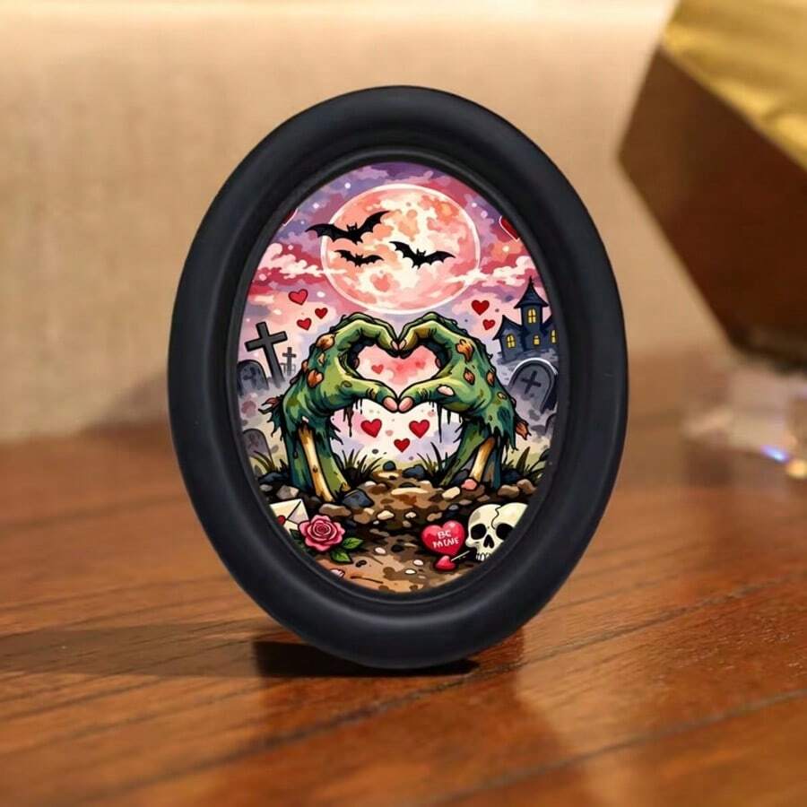 1件 3D黑色橢圓形復古相框，手工印花圖案轉印，萬聖節裝飾，感恩節裝飾，附掛鉤，創意家居禮品