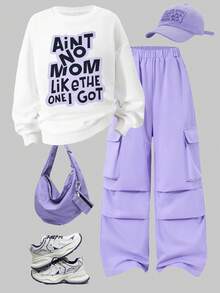 Spring/Autumn New Tween Girl Street Casual 2-Piece Set, Pure White Loose Drop Shoulder Round Neck Sweatshirt With Letter Print, Paired With Light Purple Elastic Waist Multi-Pocket Pleated Wide Leg Cargo Pants, Lightweight Breathable, Versatile Campus Streetwear Outfit - White - View 1