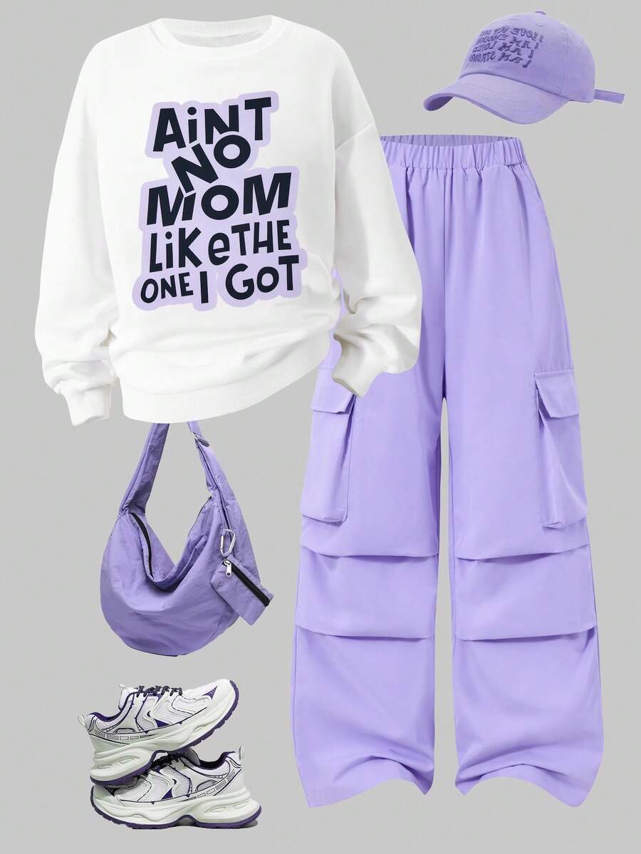Spring/Autumn New Tween Girl Street Casual 2-Piece Set, Pure White Loose Drop Shoulder Round Neck Sweatshirt With Letter Print, Paired With Light Purple Elastic Waist Multi-Pocket Pleated Wide Leg Cargo Pants, Lightweight Breathable, Versatile Campus Streetwear Outfit - White - View 1