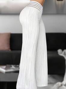 Women's Trousers 2025 Summer Fashion Overlay Waist Mesh Sheer Patch Casual Plain High Waist Wide Leg Long Flared Trousers Streetwear - 白色的 - 查看 2