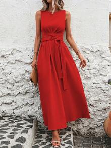 Vestido Casual Sin Mangas con Lazo en la Espalda.Color Sólido, Fresco y Versátil. - Rojo - Ver 7