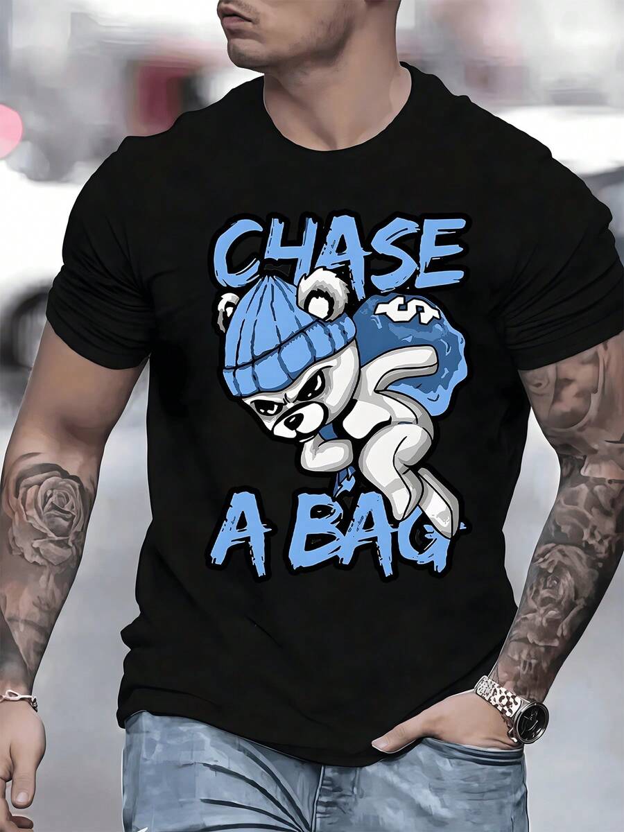 A Bear Wearing A Blue Hat Chasing A Bag Of Money, Symbolizing Ambition And Financial Success, Represents Overcoming Challenges On This Men's T-Shirt. - Black - View 1
