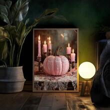 1pc Canvas Wall Art Print With Frame, Sweet & Cool Girl Style Pink Lace Pumpkin And Glowing Pink Candle Vintage Still Life Oil Painting, Soft Atmosphere Autumn Halloween Aesthetic Wall Poster For Modern Home Decor And Room Decoration - Pink Pumpkin - View 7