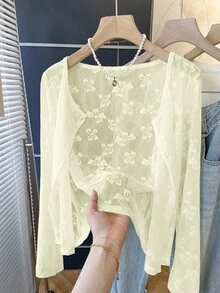 Casual, Versatile And Lightweight Jacket With Jacquard Butterfly Print. - Apricot - View 3