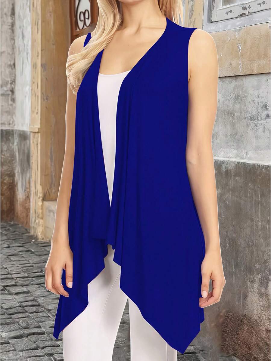 Plus Size Long Cardigan, Shawl Style, Modern, Elegant, Solid Color, Lightweight, Sleeveless, Open Front. - Blue - View 1