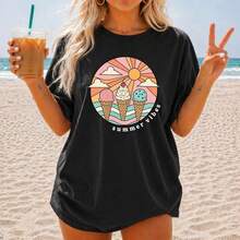 Holiday T-Shirts, Pastel Ice Cream Cone Design T-Shirt - Retro Summer And Beach Style, Soft - Hitam - View 1