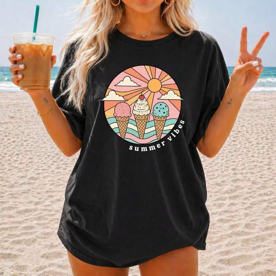 Holiday T-Shirts, Pastel Ice Cream Cone Design T-Shirt - Retro Summer And Beach Style, Soft - Hitam - View 1