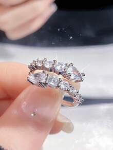 Set Cincin Terbuka Mewah 5 Buah dengan Batu Zirkonia Kubik Super Mengkilap yang Dapat Diatur, Cocok untuk Pemakaian Sehari-hari, Pesta, Hadiah Liburan, Pengantin Pernikahan - Perak - View 3