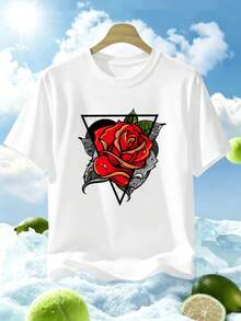Herren-T-Shirt mit Rosenprint, hochwertigem Stoff, Rundhalsausschnitt, lockerer Passform, bequem, Street-Hip-Hop-Style - Weiss - Übersicht 1