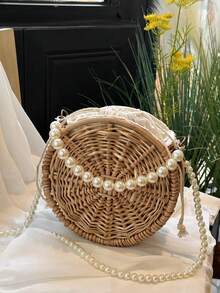Handmade Woven Rattan Bag, Round Woven Willow Handbag, Gift Basket With Pearl Handle, Can Be Used As A Shoulder Bag, Souvenir Bag, Home Decoration - 玫瑰金 - 查看 1
