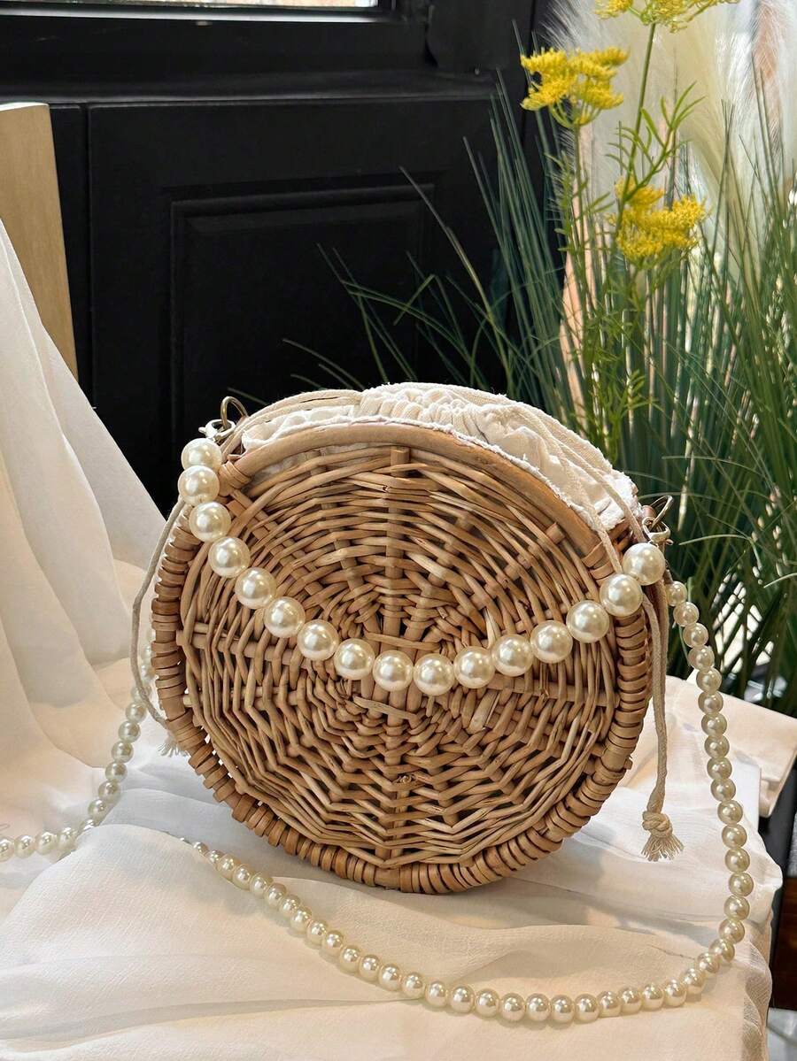 Handmade Woven Rattan Bag, Round Woven Willow Handbag, Gift Basket With Pearl Handle, Can Be Used As A Shoulder Bag, Souvenir Bag, Home Decoration - 玫瑰金 - 查看 1