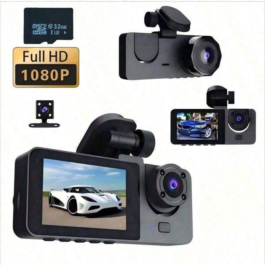 Kamera Dasbor 3 Lensa dengan Penglihatan Malam, Kamera Depan dan Interior 3 Arah 1080P, DVR Mobil Sudut Lebar, Layar IPS 2.0 Inci, Mode Parkir Sensor Gerak 24 Jam, Dilengkapi Kartu Penyimpanan 32GB, Kapasitas Baterai 150mAh
