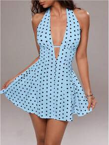 Women's Short Dress With Deep V-Neck And Open Back, Polka Dot Print, Vacation Style, For Summer - Biru - View 3