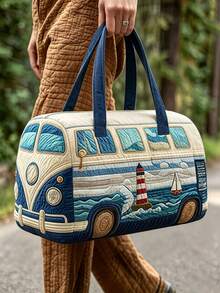 3D Printed Bus Pattern Tote Beach Bag Large Capacity Lightweight Durable, Zipper Handles Travel Duffle Bag For Sports Outdoor Beach Travel Essential - Multicolor - View 7