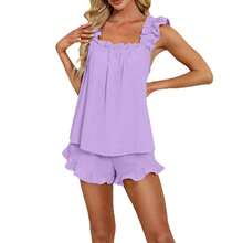 Two-Piece Set Sleeveless Ruffle Shorts Casual Niche European-American Women - Black - View 5