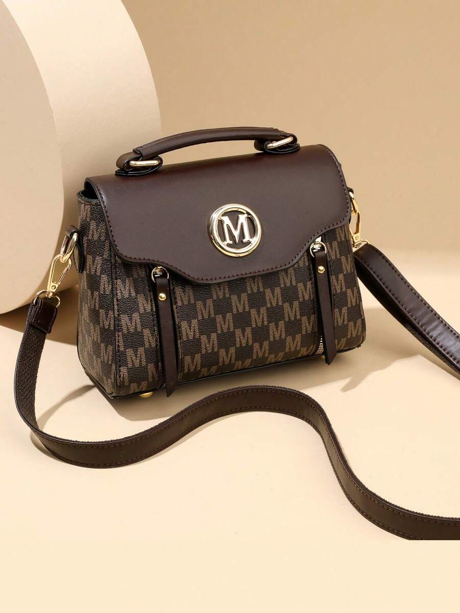 Retro Minimalist Printed Crossbody Bag With Adjustable PU Strap, Flap Closure, New Year - Brown - View 1