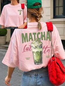 ZZG Es Trus 夏季大尺碼女款「MATCHA Latte」圖案印花街頭 Y2K 風格粉色圓領短袖 T 恤上衣休閒款 - 粉色 - 查看 1