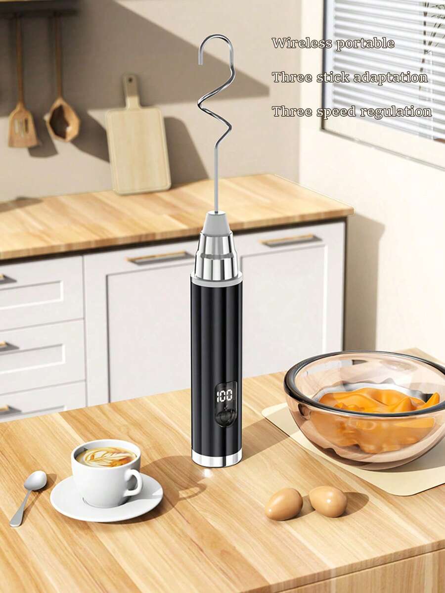 1個手持式電動奶泡器，自動咖啡拿鐵拉花奶泡製造機，免持奶泡攪拌棒，創意電動攪拌器，電動咖啡攪拌棒，牛奶攪拌棒，雙攪拌頭電動手持攪拌器可用於蛋、鮮奶油、麵糊，無線充電設計，適合廚房與戶外使用，情人節禮物，母親節禮物