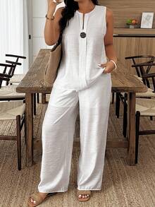 Plus Size 2-Piece Set: Casual Solid Color Sleeveless Top And Pants - Blanco - View 1
