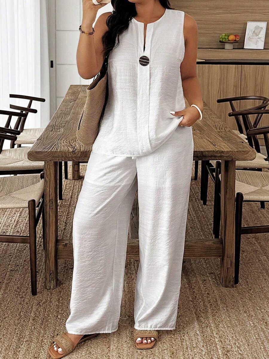 Plus Size 2-Piece Set: Casual Solid Color Sleeveless Top And Pants - Blanco - View 1