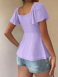 Women's T-Shirt, Modern And Elegant, New For Spring/Summer, Y2K Style, Solid Color, Jacquard, Comfortable And Breathable, With V-Neck, Adjustable Drawstring And Short Sleeves - 紫色 - 查看 7