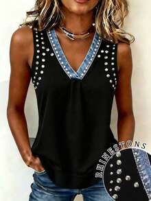 - Top de Mujer de Corte Regular con Estampado Efecto Denim, Bloques de Color y Adornos de Pedrería, Nueva Colección - Color caoba - Ver 1
