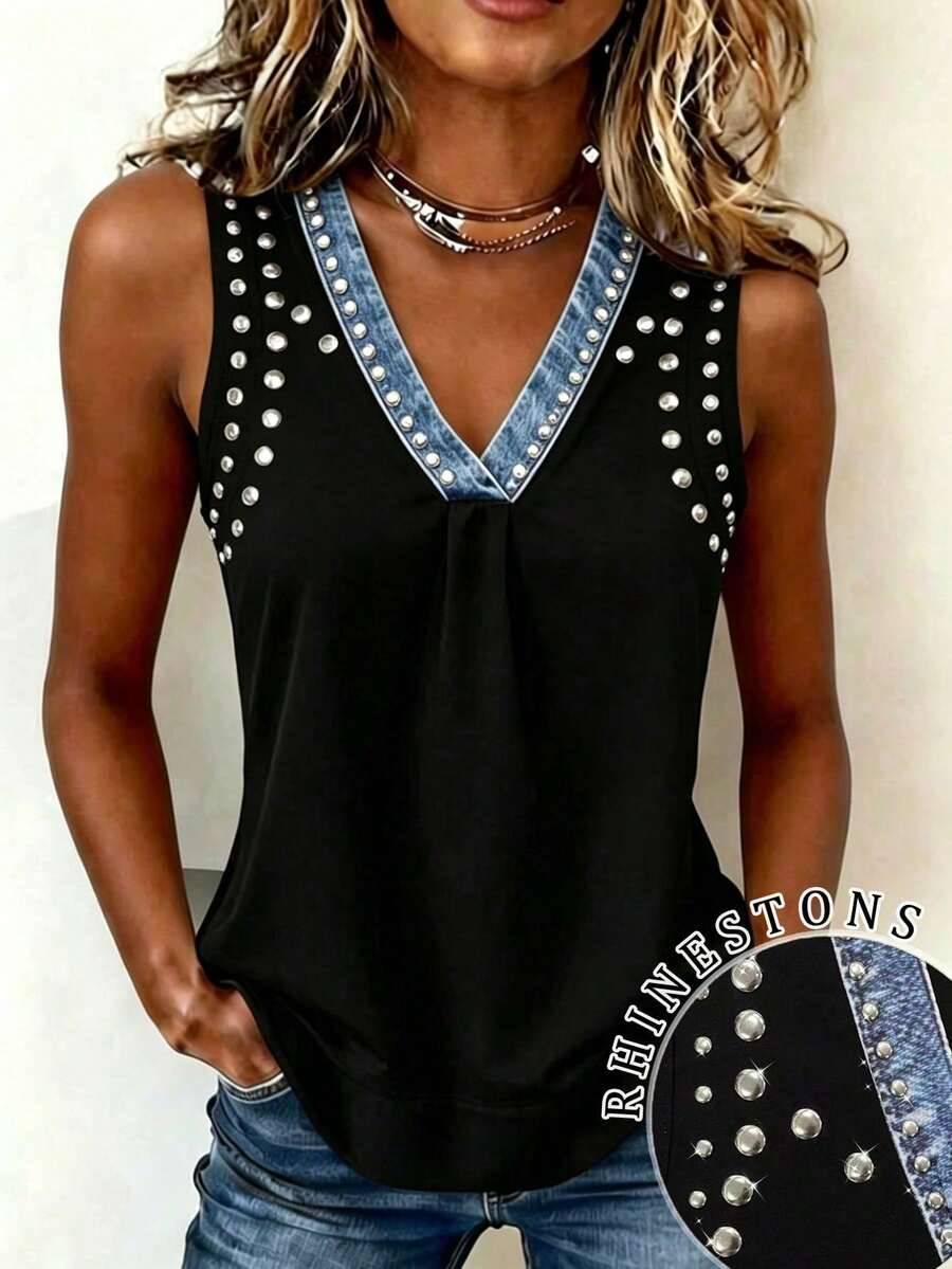 - Top de Mujer de Corte Regular con Estampado Efecto Denim, Bloques de Color y Adornos de Pedrería, Nueva Colección - Color caoba - Ver 1