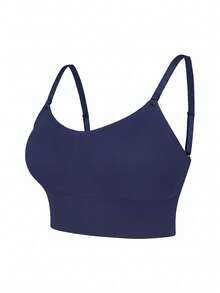 Sujetador deportivo suave sin aros de talla grande, top corto con escote en V, tejido acanalado sin costuras, tirantes finos ajustables y almohadillas extraíbles, para entrenamiento - Azul - Ver 5