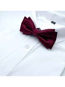 1pc Dark Green Double Layer Men's Bow Tie, Personalized Wedding Banquet Bow Tie - Burgundy - View 2