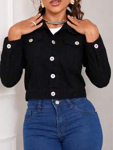 Women's Cropped Short Denim Jacket With Iron-On Button Hem - Mother's Day - 黑色 - 查看 5